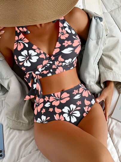 Summer Beach Floral Print Bikini Set Knot Shoulder Surplice Tank Bra & High Waisted Bottom 2 Piece Bathing Suit High Waisted Bathing Suit