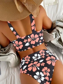 SHEIN Swim Summer Beach Floral Print Bikini Set Knot Shoulder Surplice Tank Bra & High Waisted Bottom 2 Piece Bathing Suit High Waisted Bathing Suit - Multicolor - View 2