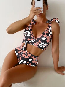 SHEIN Swim Summer Beach Floral Print Bikini Set Knot Shoulder Surplice Tank Bra & High Waisted Bottom 2 Piece Bathing Suit High Waisted Bathing Suit - Multicolor - View 3