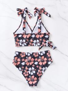 SHEIN Swim Summer Beach Floral Print Bikini Set Knot Shoulder Surplice Tank Bra & High Waisted Bottom 2 Piece Bathing Suit High Waisted Bathing Suit - Multicolor - View 4