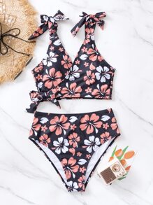 SHEIN Swim Summer Beach Floral Print Bikini Set Knot Shoulder Surplice Tank Bra & High Waisted Bottom 2 Piece Bathing Suit High Waisted Bathing Suit - Multicolor - View 6