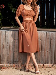 SHEIN VCAY Bộ đồ hai mảnh nữ Buộc lại Nút phía trước Nếp gấp Phần Ngực màu trơn Giải trí - Rỉ Nâu - Xem 1