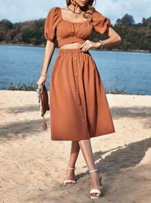 SHEIN VCAY Bộ đồ hai mảnh nữ Buộc lại Nút phía trước Nếp gấp Phần Ngực màu trơn Giải trí - Rỉ Nâu - Xem 3