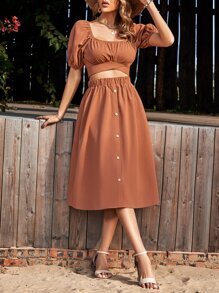 SHEIN VCAY Bộ đồ hai mảnh nữ Buộc lại Nút phía trước Nếp gấp Phần Ngực màu trơn Giải trí - Rỉ Nâu - Xem 4