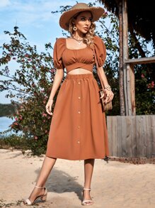 SHEIN VCAY Bộ đồ hai mảnh nữ Buộc lại Nút phía trước Nếp gấp Phần Ngực màu trơn Giải trí - Rỉ Nâu - Xem 6