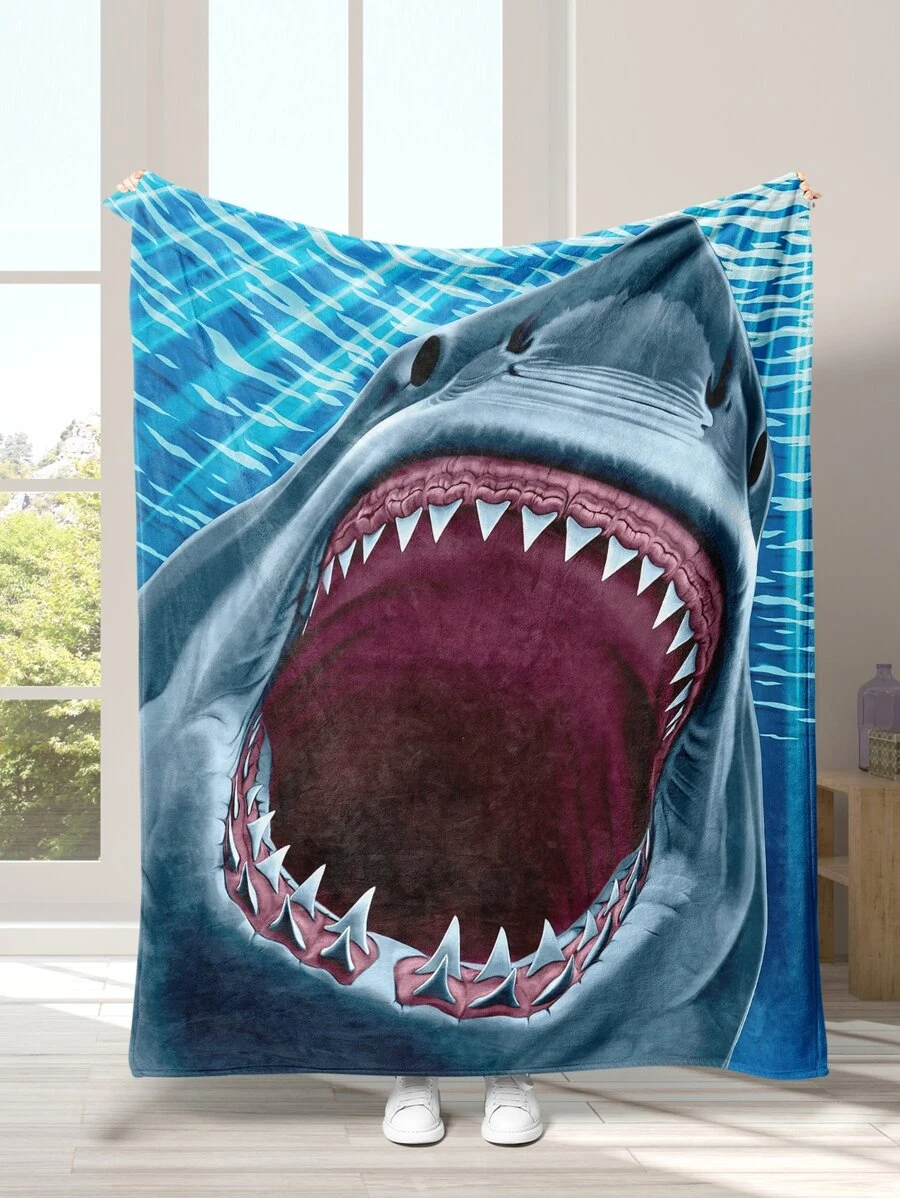 1pc Shark Pattern Blanket, Cartoon Fabric Soft & Warm Blanket For Living Room & Bedroom, Home Decor - Multicolor - View 1
