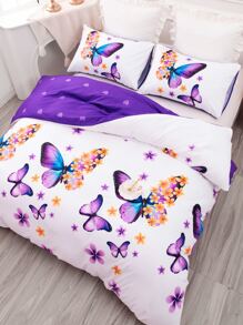 3入組/套花卉和蝴蝶圖案被套套裝1入組被套和2入組枕套家居布藝床上用品四季皆宜 - 彩色 - 查看 1