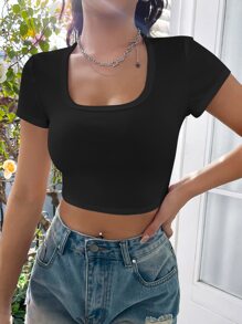 SHEIN EZwear Solid Square Neck Crop Tee - Black - View 3