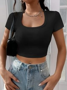 SHEIN EZwear Solid Square Neck Crop Tee - Black - View 5