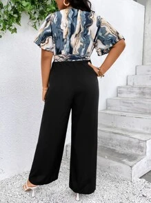 SHEIN Clasi 大碼大理石圖案蝴蝶袖腰帶連身褲