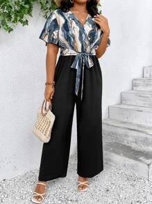 SHEIN Clasi 大碼大理石圖案蝴蝶袖腰帶連身褲