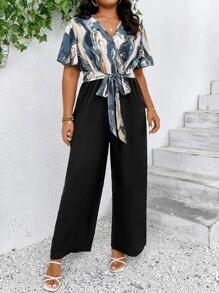 SHEIN Clasi 大碼大理石圖案蝴蝶袖腰帶連身褲