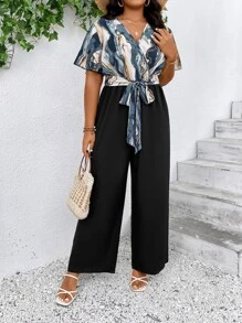 SHEIN Clasi 大碼大理石圖案蝴蝶袖腰帶連身褲