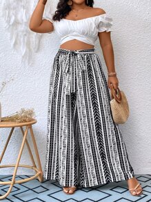 SHEIN Holidaya Plus Geo Print Tie Front Wide Leg Trousers - Black and White - View 1