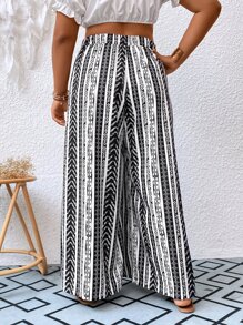 SHEIN Holidaya Plus Geo Print Tie Front Wide Leg Trousers - Black and White - View 2