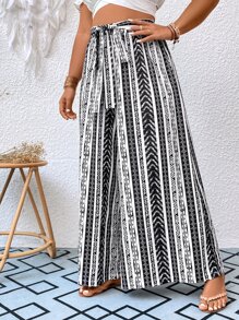 SHEIN Holidaya Plus Geo Print Tie Front Wide Leg Trousers - Black and White - View 3