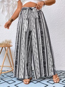 SHEIN Holidaya Plus Geo Print Tie Front Wide Leg Trousers - Black and White - View 6