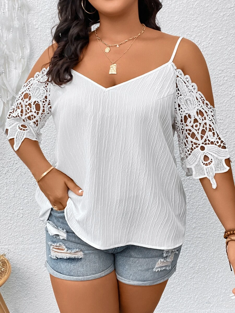 SHEIN LUNE Áo sơ mi Plus Size Tương phản ren màu trơn Giải trí - trắng - Xem 1