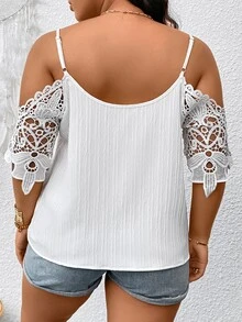 SHEIN LUNE Áo sơ mi Plus Size Tương phản ren màu trơn Giải trí - trắng - Xem 2