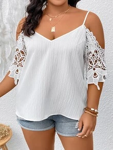SHEIN LUNE Áo sơ mi Plus Size Tương phản ren màu trơn Giải trí - trắng - Xem 6