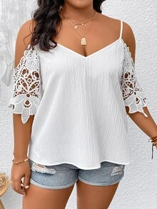 SHEIN LUNE Áo sơ mi Plus Size Tương phản ren màu trơn Giải trí - trắng - Xem 7