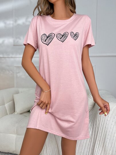 Roze Short Knitted Sleepshirt Heart Graphic Round Neck Zachte Touch Fabric