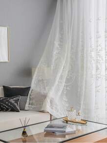 1pc White Flower Embroidered Sheer Panel Curtain, Modern Polyester Light Filtering Privacy Sheer Curtain For Living Room, Bedroom - White - View 9