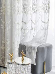 1pc White Flower Embroidered Sheer Panel Curtain, Modern Polyester Light Filtering Privacy Sheer Curtain For Living Room, Bedroom - White - View 3