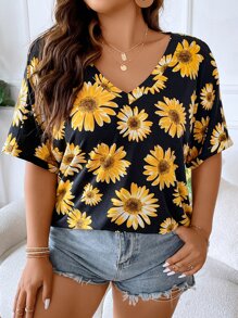 SHEIN LUNE Plus Floral Print Roll Up Sleeve Tee - Multicolor - View 2