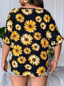 SHEIN LUNE Plus Floral Print Roll Up Sleeve Tee - Multicolor - View 3