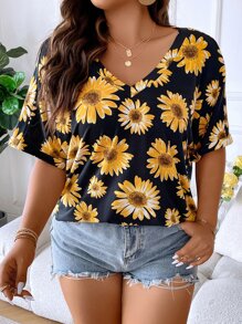 SHEIN LUNE Plus Floral Print Roll Up Sleeve Tee - Multicolor - View 1