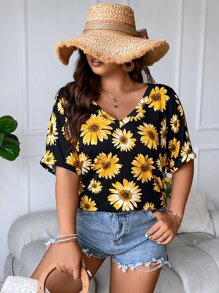 SHEIN LUNE Plus Floral Print Roll Up Sleeve Tee - Multicolor - View 4