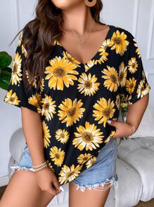 SHEIN LUNE Plus Floral Print Roll Up Sleeve Tee - Multicolor - View 5