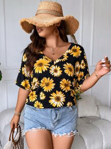 SHEIN LUNE Plus Floral Print Roll Up Sleeve Tee - Multicolor - View 6