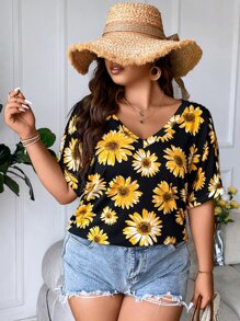 SHEIN LUNE Plus Floral Print Roll Up Sleeve Tee - Multicolor - View 7