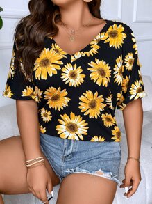 SHEIN LUNE Plus Floral Print Roll Up Sleeve Tee - Multicolor - View 8