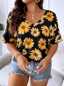 SHEIN LUNE Plus Floral Print Roll Up Sleeve Tee - Multicolor - View 9