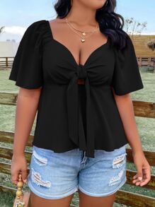 Flirla Plus Size Boho Knot Front Butterfly Sleeve Shirred Back Peplum Blouse, For Summer - Black - View 1