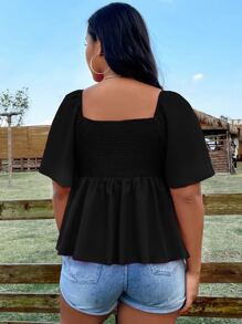 Flirla Plus Size Boho Knot Front Butterfly Sleeve Shirred Back Peplum Blouse, For Summer - Black - View 2