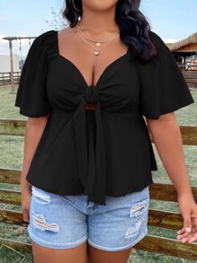 Flirla Plus Size Boho Knot Front Butterfly Sleeve Shirred Back Peplum Blouse, For Summer - Black - View 3