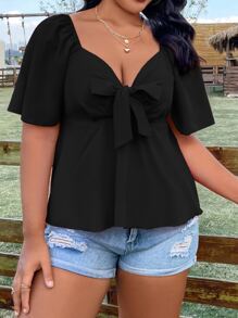 Flirla Plus Size Boho Knot Front Butterfly Sleeve Shirred Back Peplum Blouse, For Summer - Black - View 4
