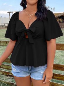 Flirla Plus Size Boho Knot Front Butterfly Sleeve Shirred Back Peplum Blouse, For Summer - Black - View 5