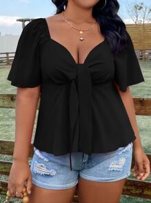 Flirla Plus Size Boho Knot Front Butterfly Sleeve Shirred Back Peplum Blouse, For Summer - Black - View 6