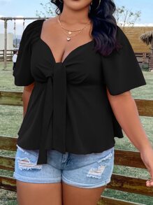 Flirla Plus Size Boho Knot Front Butterfly Sleeve Shirred Back Peplum Blouse, For Summer - Black - View 7