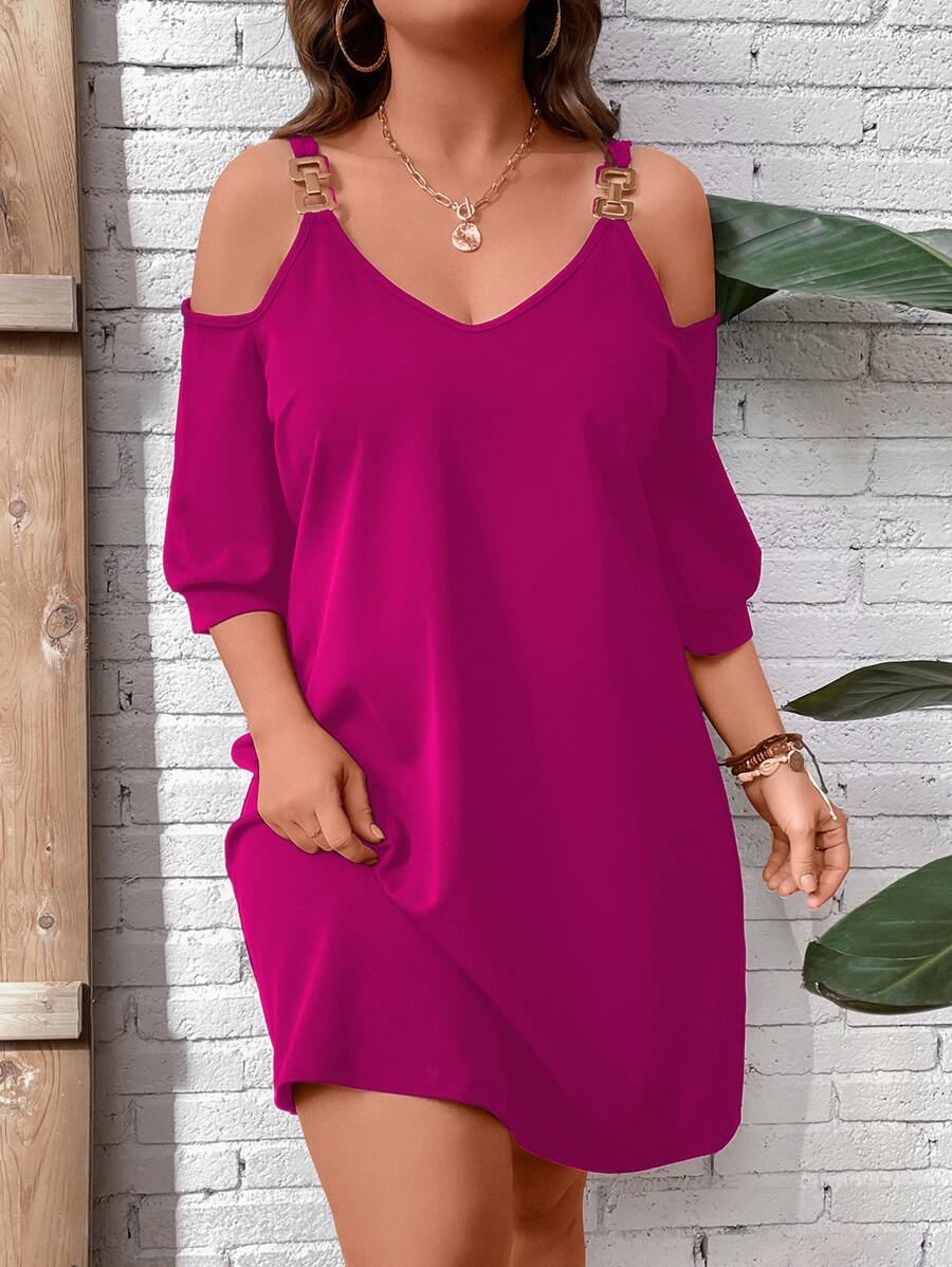 SHEIN LUNE Đầm Plus Size Chuỗi màu trơn Giải trí - Màu đỏ tím - Xem 1