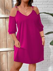 SHEIN LUNE Đầm Plus Size Chuỗi màu trơn Giải trí - Màu đỏ tím - Xem 4