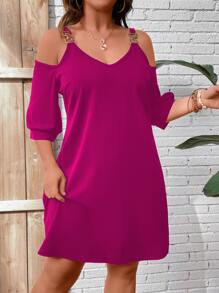 SHEIN LUNE Đầm Plus Size Chuỗi màu trơn Giải trí - Màu đỏ tím - Xem 5