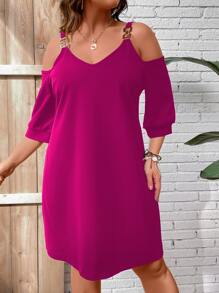 SHEIN LUNE Đầm Plus Size Chuỗi màu trơn Giải trí - Màu đỏ tím - Xem 7