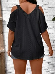 SHEIN LUNE Camiseta de hombros descubiertos ribete con encaje - Negro - Ver 2