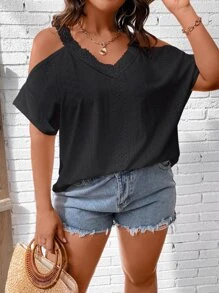 SHEIN LUNE Camiseta de hombros descubiertos ribete con encaje - Negro - Ver 3